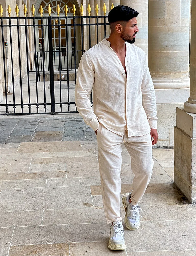 Conjunto de dos piezas de algodón para hombre, camisa informal holgada con cuello en V y pantalones de color sólido, cómoda para la playa, 2024