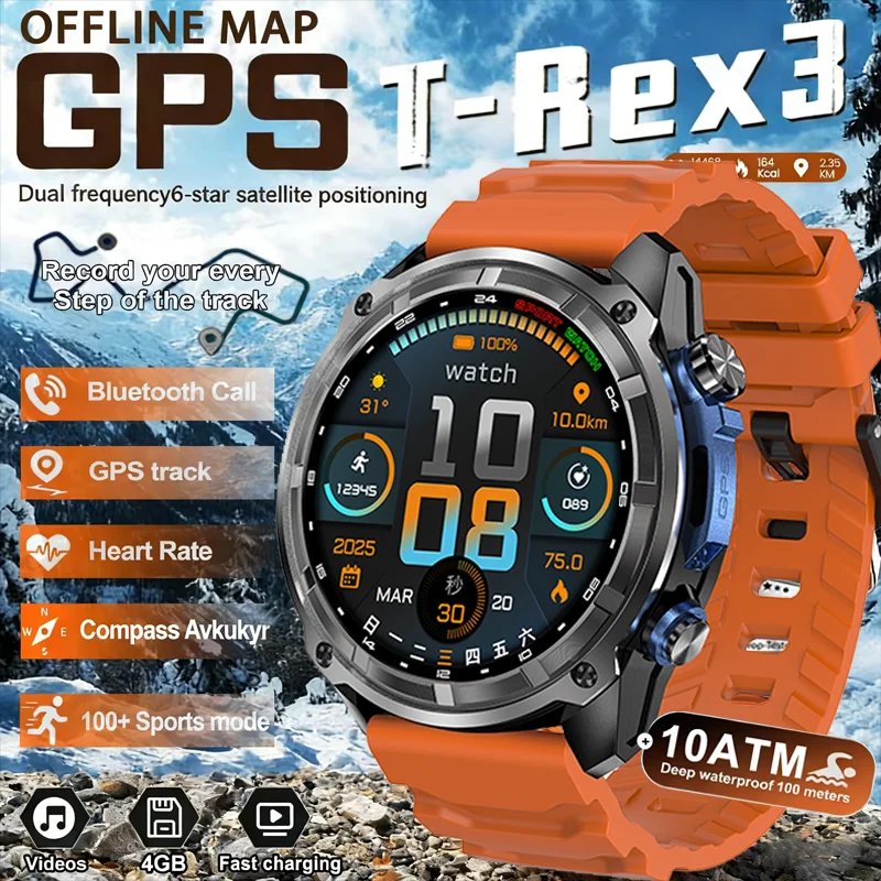 

New 4GB Memory Video Player Smart Watch AMOLED With GPS Offline Maps Military Sports Smartwatch Men 35m Swim Waterproof Bracelet