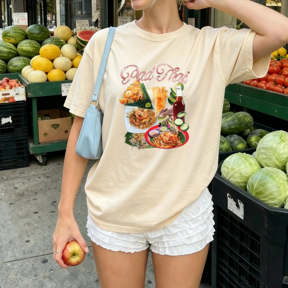 Watercolor Pad Thai Traditional Thai Shrimp Noodle Dish with Lime Sauce Print Women  Cotton Tee Exotic Food Art Casual Wear Tops