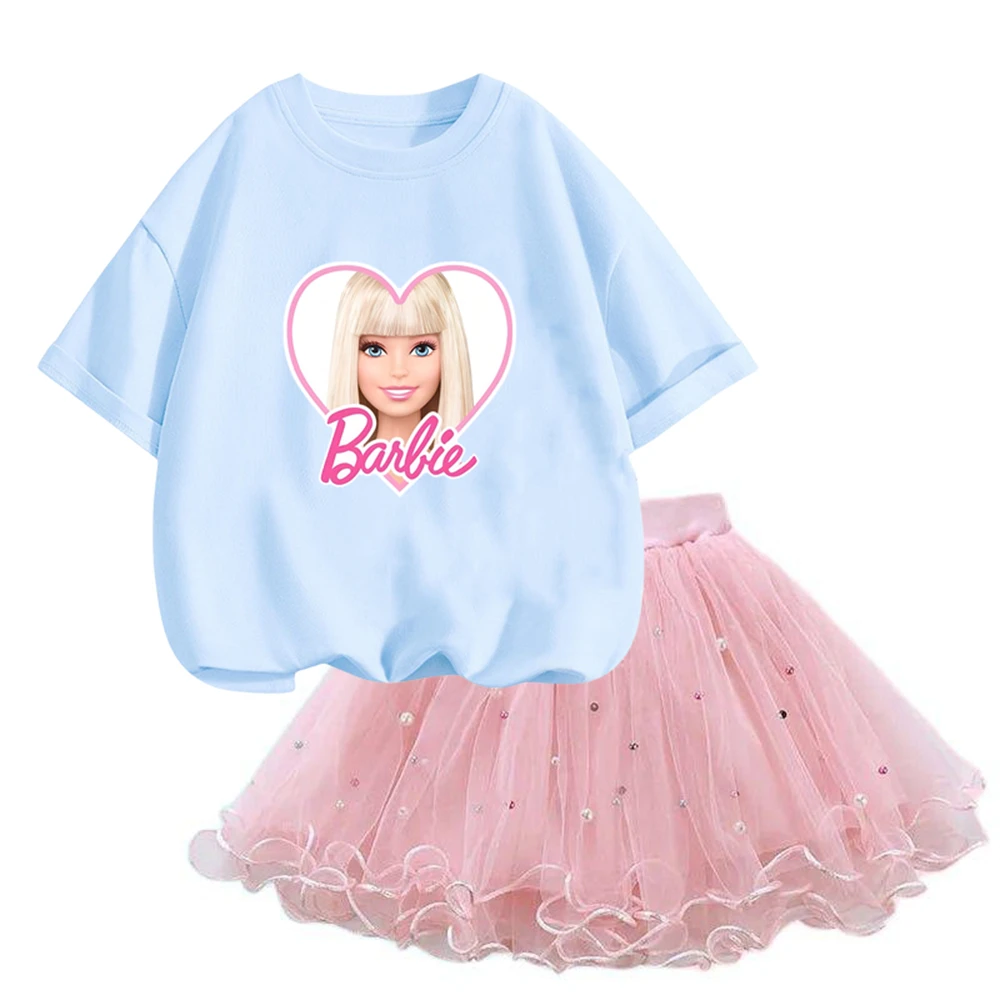 Fashion Children Party Clothing Girls Barbie Clothes Korean Pretty T Shirt&mesh Tutu Skirt Two Piece Outfits Set 3-14 Years