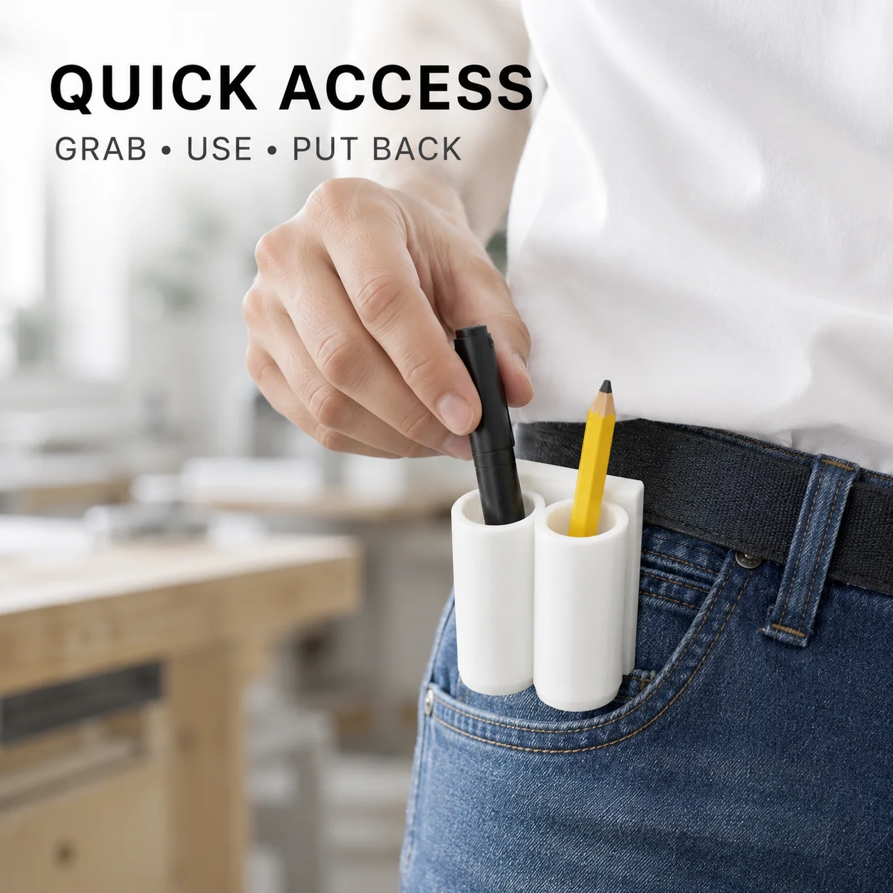 Workshop Pen Clip Holder, Wearable Marker Pen Holster, Clip-On Belt Apron Double-Slot Pen Holder, Petg Hard Plastic Portable Pen Storage Box, Dual Slot Hands-Free Quick Access, Secure Clip to Prevent Falling, Lightweight and Durable, Suitable for Art Studios, Kitchen Aprons, Classrooms, Warehouse Workers, Teachers, DIY Enthusiasts, Tool Storage, Desktop Organizer