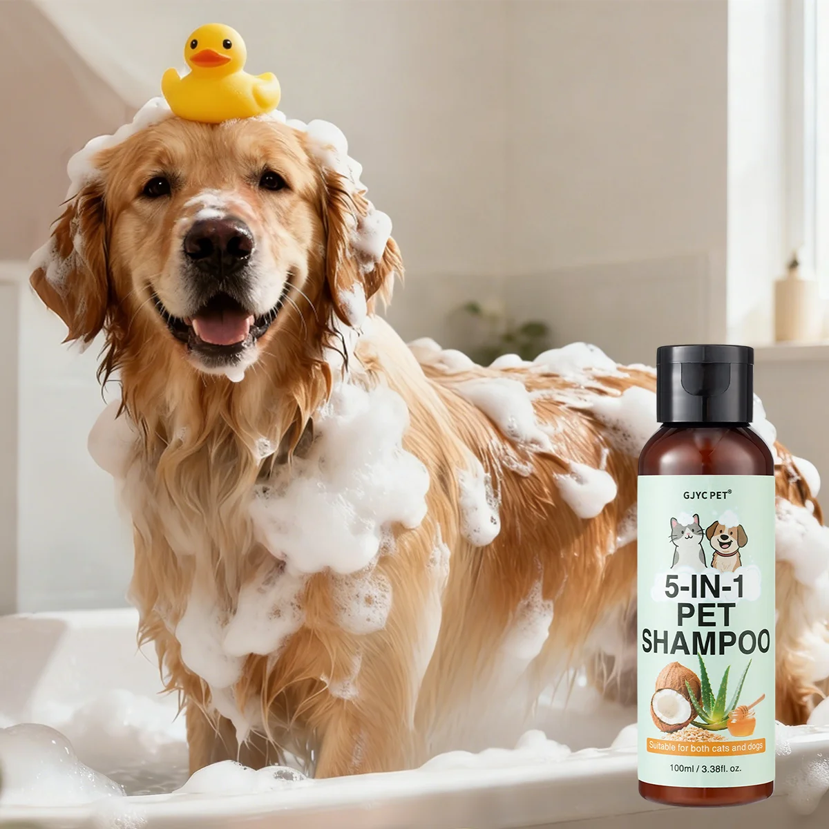 Champú 5 en 1 para Mascotas con Avena, Coco, Aloe Vera y Miel, Hidratante, Calmante, Limpieza Profunda, Pelo Suave, Aroma Duradero, para Perros y Gatos
