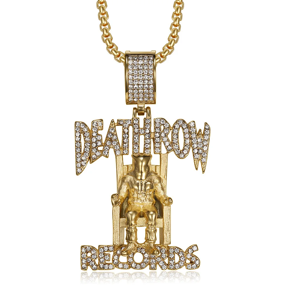 2PAC DeathRow Chain Nightclub Rhinestone Records Prisoner Pendant Hip Hop Stainless Steel Men Necklace New Rap Jewelry