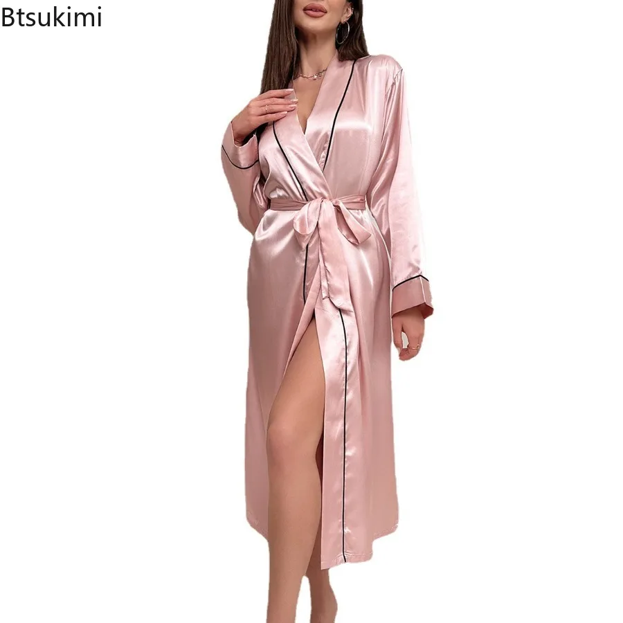 Women's Pajamas Long Ice Silk Dressing Gown Summer Thin Nightgown Fashionable Simple Loungewear Ladies Sexy Cardigan Bathrobe