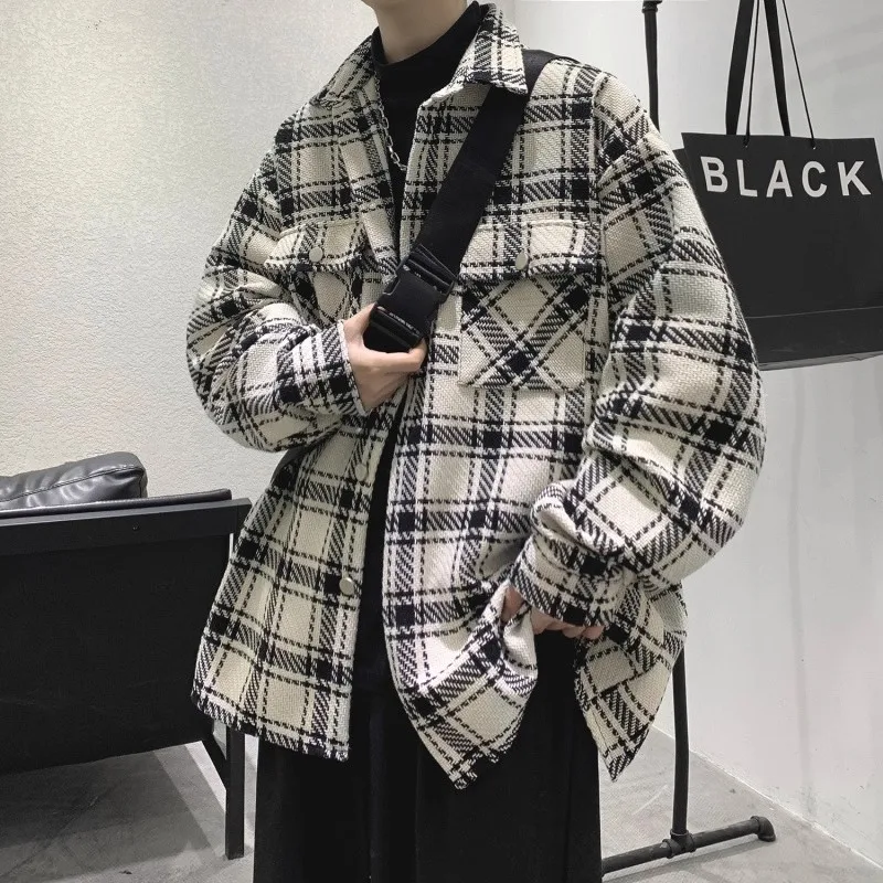 

Loose Couple Casual Plaid Long Sve irt Jaet Men's Outerwear Autumn Winter plus Size Comfortable Polyester Coat