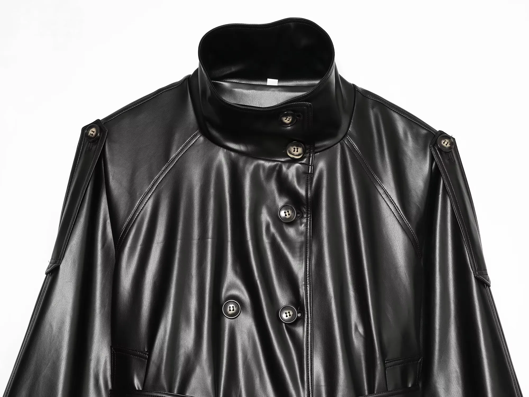 Women's Short Leather Effect Trench Coat, Lapel Double Breasted Windbreaker with Belt, Vintage Faux Leather Jacket