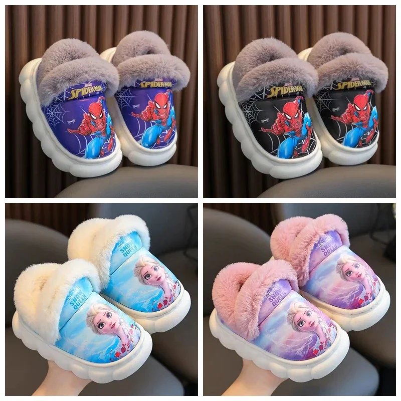 Disney Winter Children Baby Boy Cotton Slipper Kid Cartoon Frozen Elsa Spiderman Print Non Slip Warm Plush Girl Home Shoes 24-39