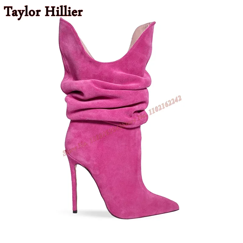 

Suede Pleated V-Neck Short Boots Pointed Toe Stiletto Slip-On Autumn Fashion Boots Fashionable Casual Rose Red Short Boots 47