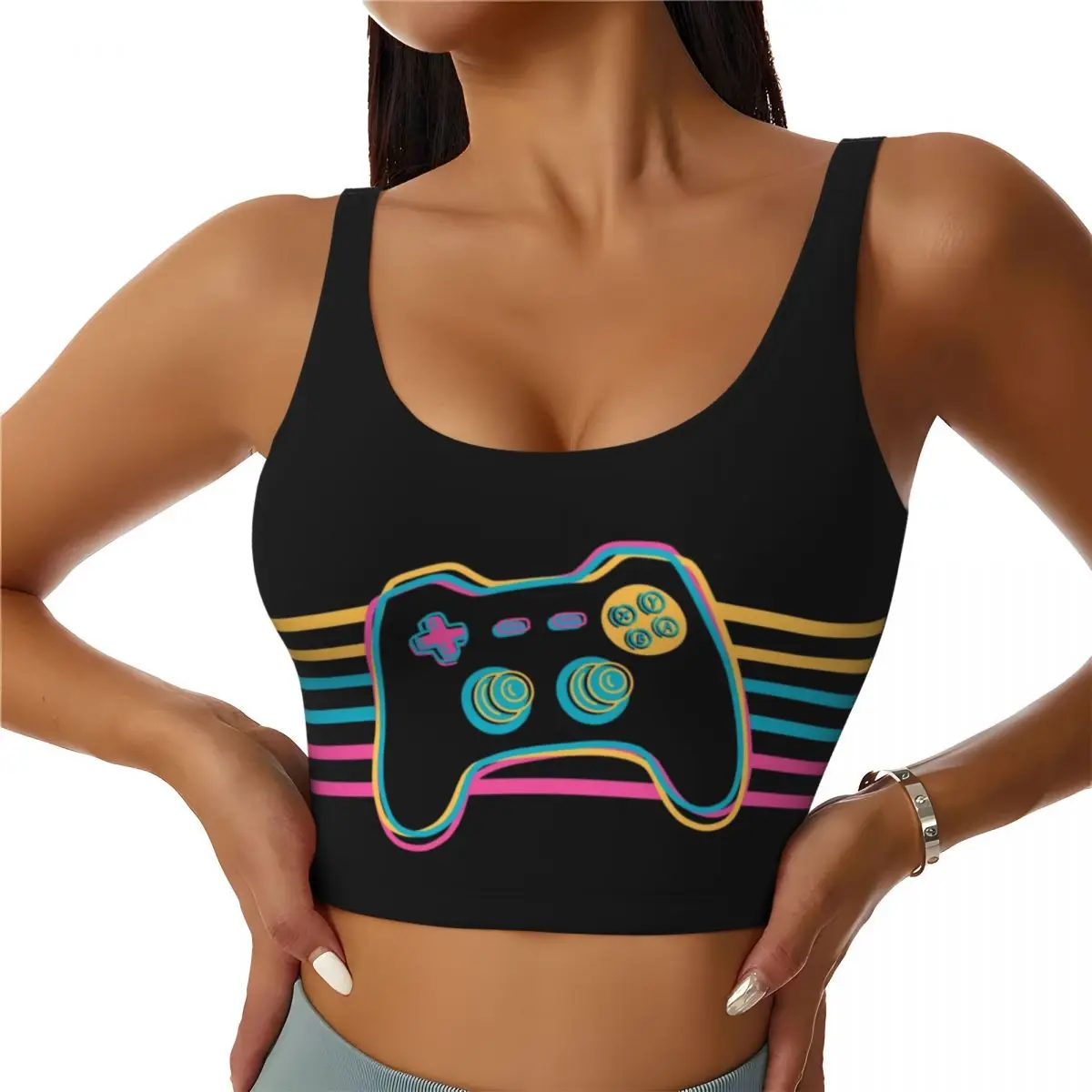 

Custom Retro Vintage Gamer Gaming Controller Workout Crop Tank Tops for Women Video Game Joypad Joystick Running Sports Bras