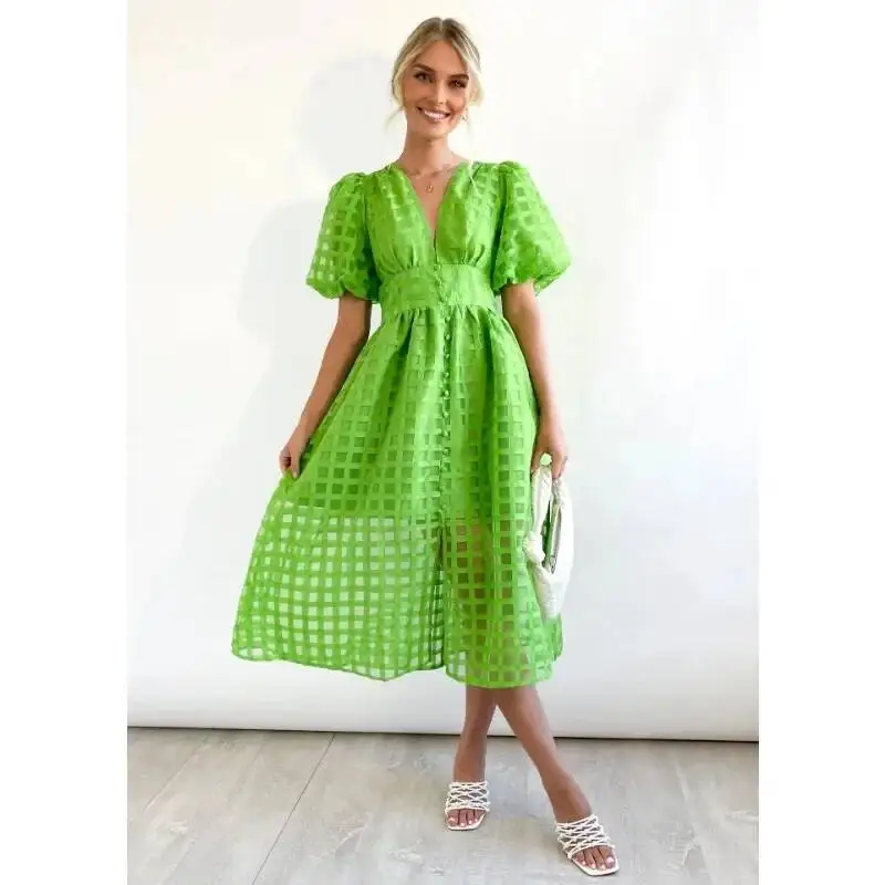 

Spring/Summer Women's Casual V-Neck Long Sleeved Solid Color Fashion Lantern Sleeve Button Decoration Slim Fit Dress