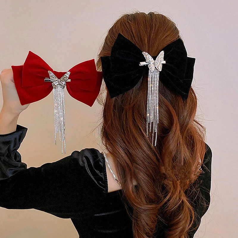 1/2Pcs Fashion Head Luxurny Jewelry Rhinestone Tassel Bow Hairpin Headgear Women Wedding Hair Accessories