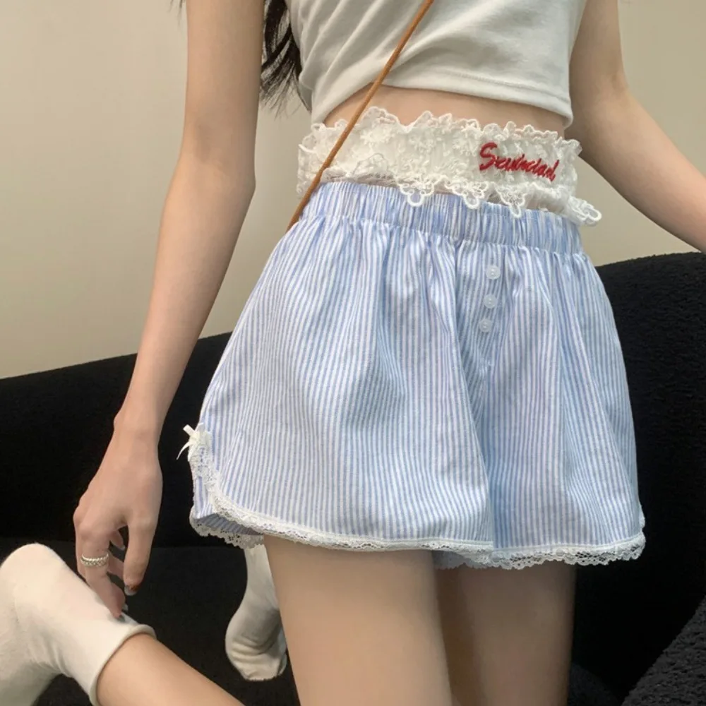 

Chic Loose Lace Plaid Shorts Mesh Flower Sweet High Waist Shorts Stripe Lolita Wide Leg Short Pants Summer
