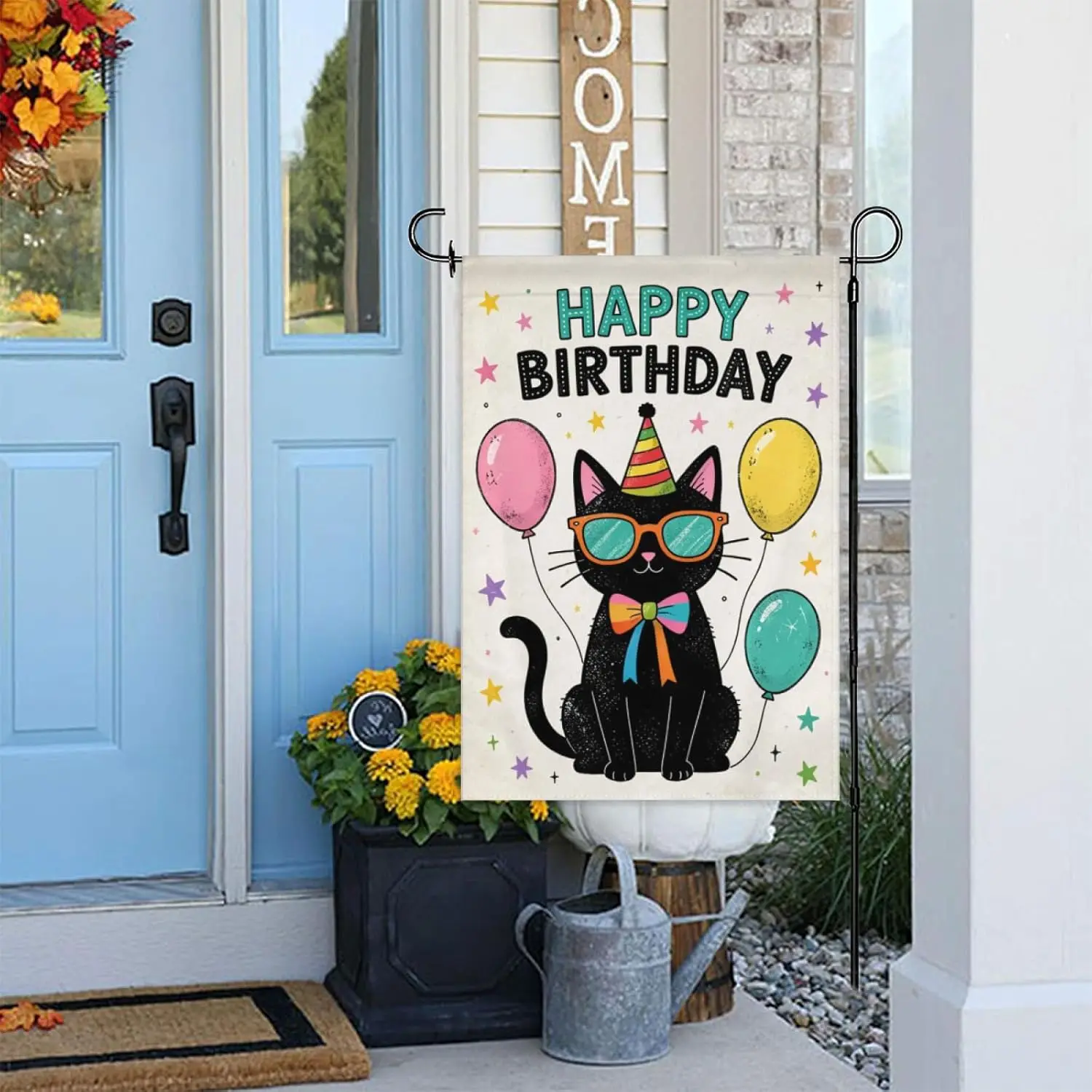 Black Cat Happy Birthday Garden Flag 12x18 Inch Double Sided – Cute Kitty with Sunglasses， Party Hat & Balloons Outdoor jjp