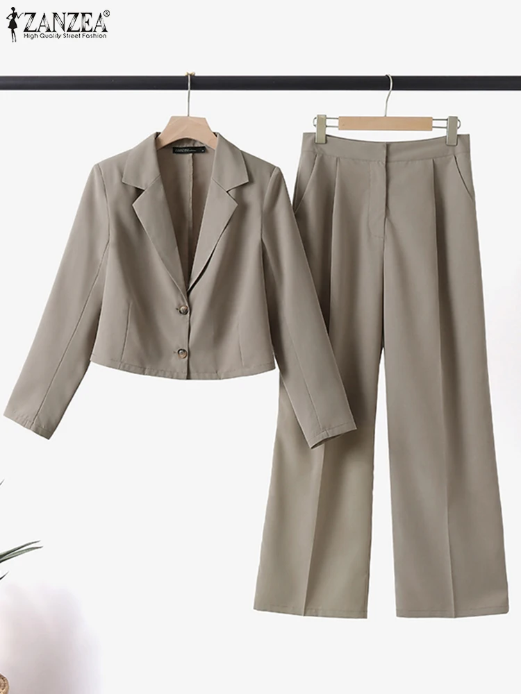 ZANZEA Elegant Blazer Suits Solid Fashion Matching Sets Long Sleeve Tops Wide Leg Pants Vintage Casual Tracksuit Work Suit 2023