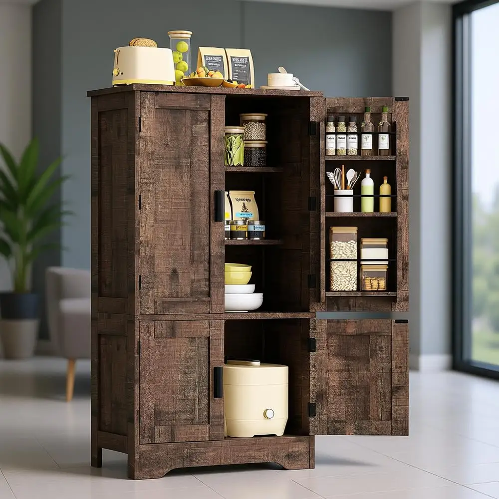 

Antique Oak Farmhouse Style Kitchen Storage Cabinet with 4 Doors and Adjustable Shelves for Living Room Use