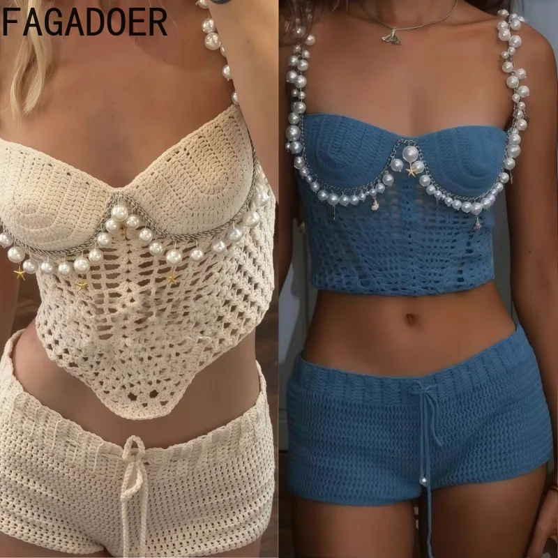 

FAGADOER Summer New Sexy Knit Pearl Patchwork 2 Pieces Set for Woman Spaghetti Strap Hollow Out Crop Top + Short Holiday Outfits