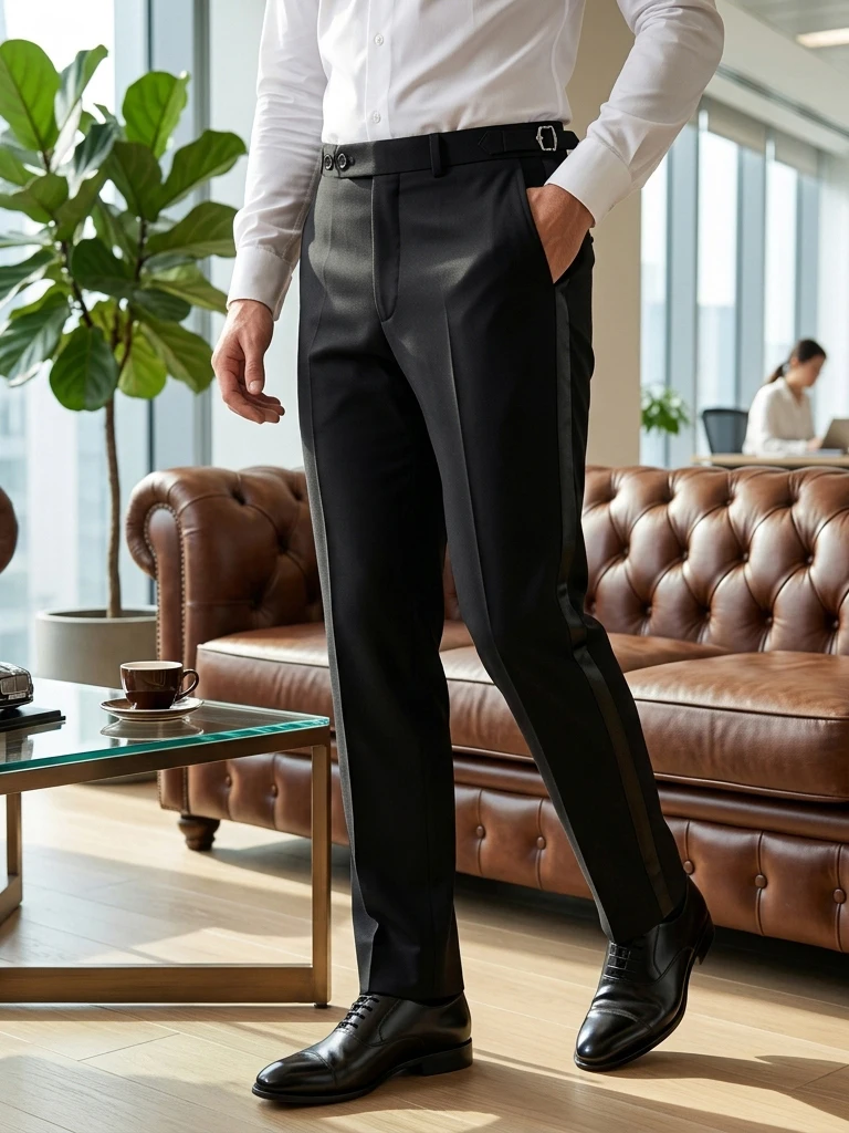 Men Elegant High Waisted Trousers SideAdjuster Waist Stripe Polished Straight Formal Suit Pants Customized Office Occasion Wear
