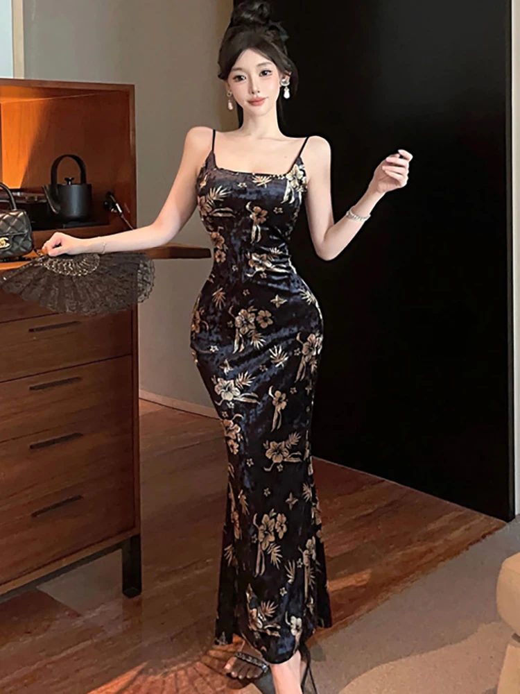 الربيع الصيف الأسود الأزهار الساتان الفاخرة حبال فستان طويل المرأة الكورية خمر هيبورن حفلة موسيقية الملابس 2025 أنيقة Bodycon Vestidos #2