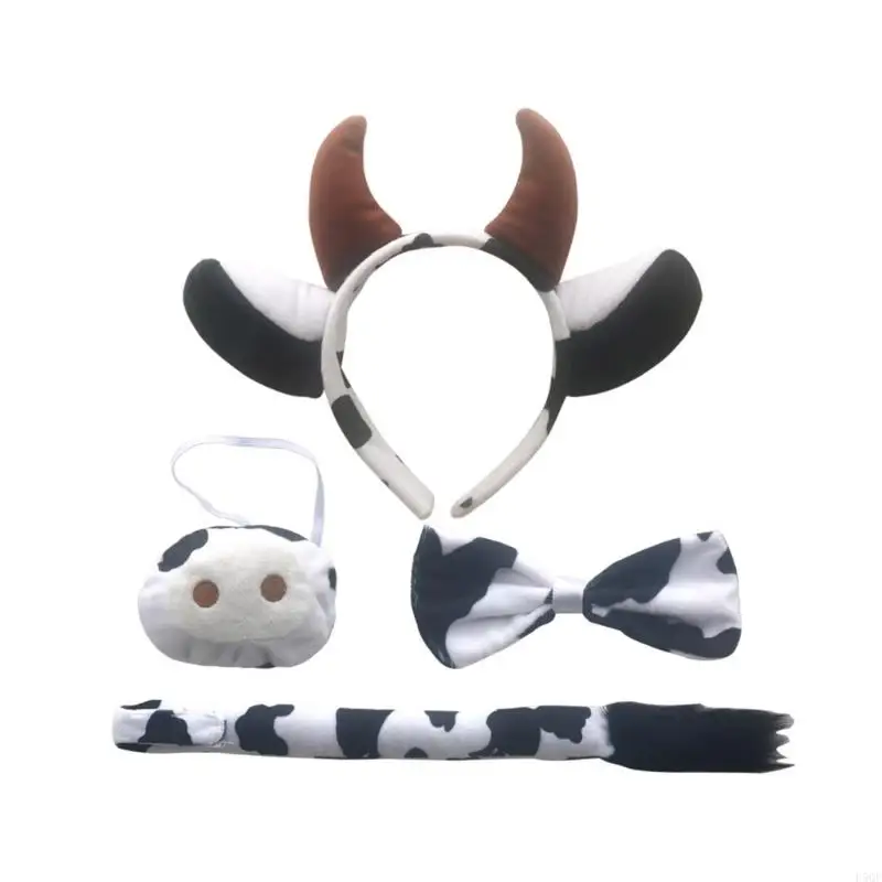 d5qf cow costume set cow ears 헤드 밴드 꼬리 bowtie 스커트 장갑 주둥이를위한 kids