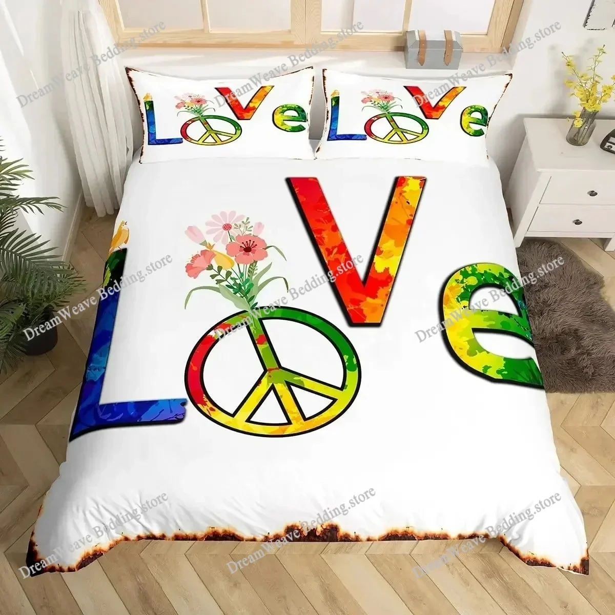 Peace Symbol Duvet Cover Set for Kids Boys Girls,Happiness World Bedding Set Queen Size,Green Brown Red Soft Bedroom Decor519519