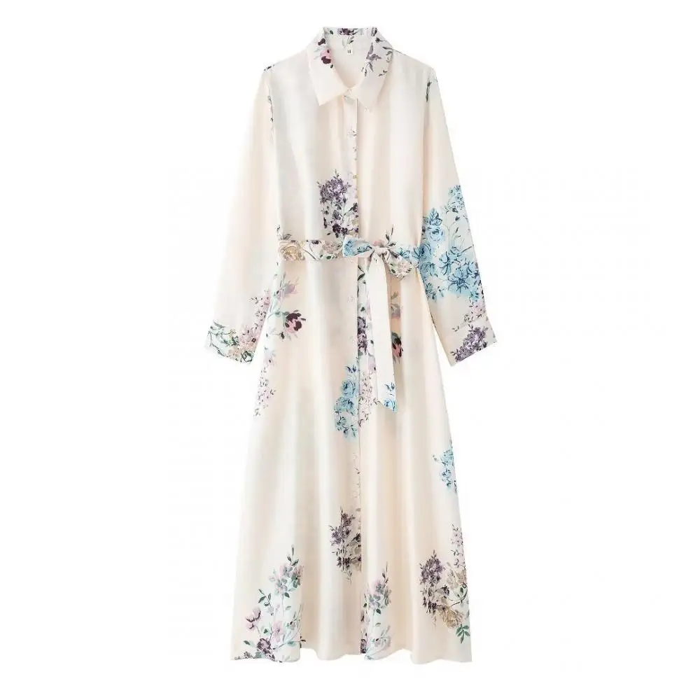 

Elegent Floral Print Versatile Dress with Belt Woman Temperament Lapel Long Sleeve Vestidos Fashion Commuting Long Robes