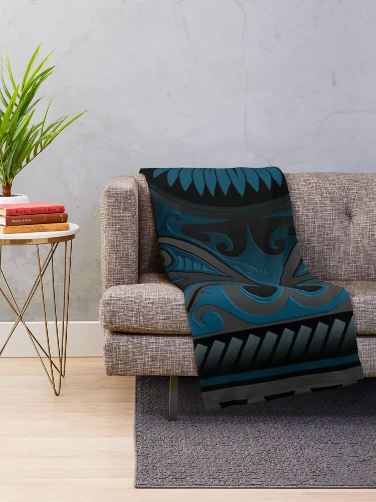 Blue Grey Ornate Maori Design, New Zealand Throw Blanket Personalized Gift Retro Blankets Sofa Blanket