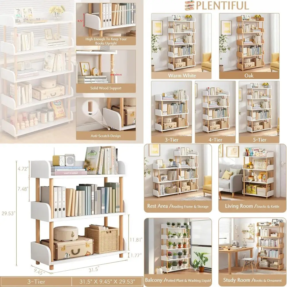 

Современная 3-уровневая открытая книжная полка - витрина с рамой из массива дерева и теплой белой отделкой для хранения дома и офиса