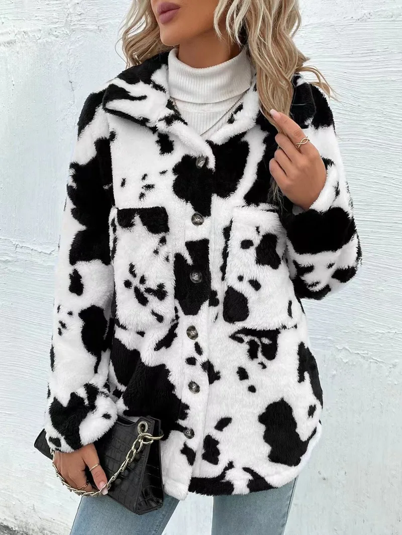 Women\'s Loose Top Cows Printed Coat Sweatshirts Autumn Keep Warm Clothes Women Winter Furry Cows Pattern Coat Sweatshirts Hot