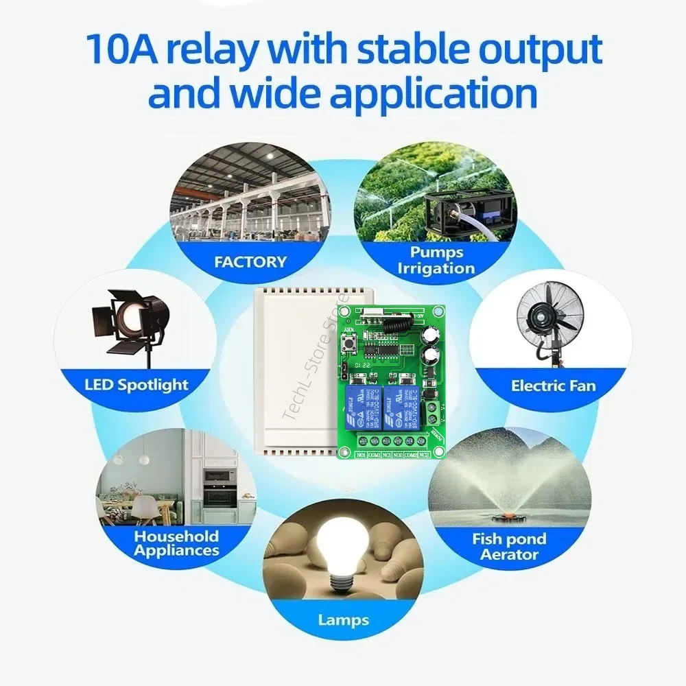 433MHz RF Wireless Remote Control Switch DC 12V 2 Channels RF Relay Module 100m Control Distance for Light/LED/Gate/Motor/DIY