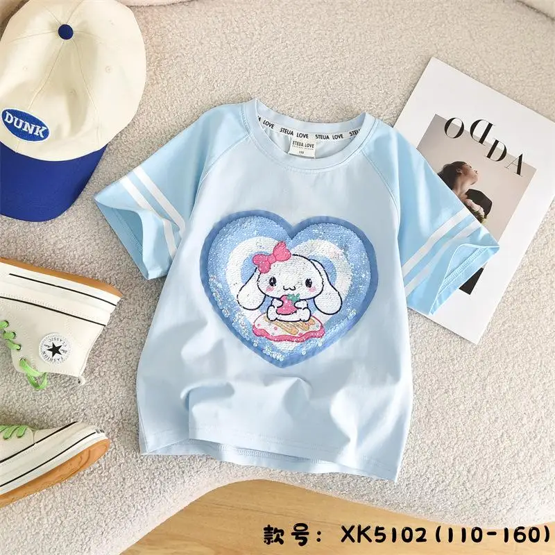 Estate Kuromi My Melody Cinnamoroll abbigliamento per bambini paillettes Love t-shirt manica corta top girocollo Sweet Girls Kids Gift