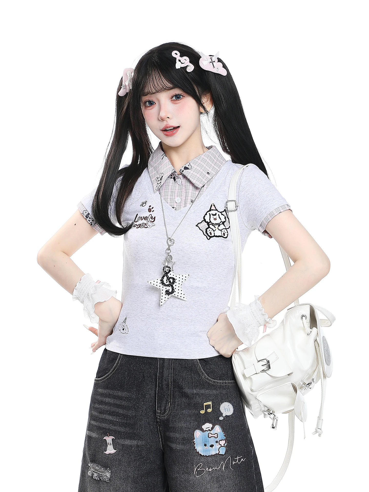 Casual Style Cartoon Embroidery Short Sleeve T-Shirt Women's Summer Turn-down Collar Slim Fit Shoulder Width Short Length Top