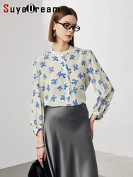 SuyaDream, Women Printed Blouses, 100%Real Silk, Polo Neck, Female Chic Shirts, 2024 Spring Summer Elegant Top, Beige