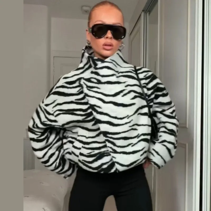 Women Zebra Print Fleece Coat European Style High Neck Loose Drop Shoulder Thick Warm Streetwear Short Jacket