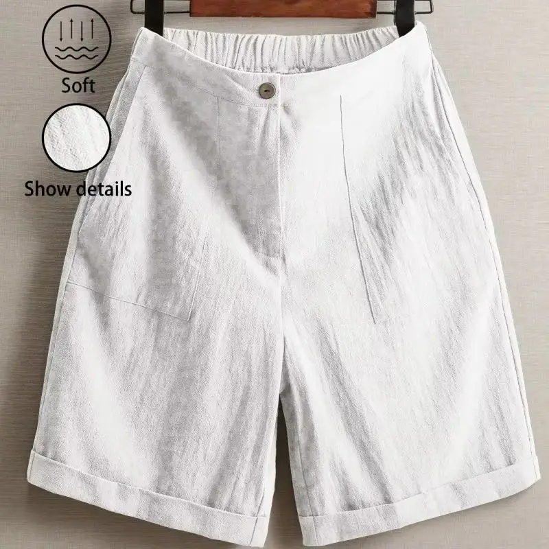Comfort Ladies High Waist Cotton Linen Bermuda Shorts for Women Casual Loose Fit Summer Knee-Length fashion streetwear