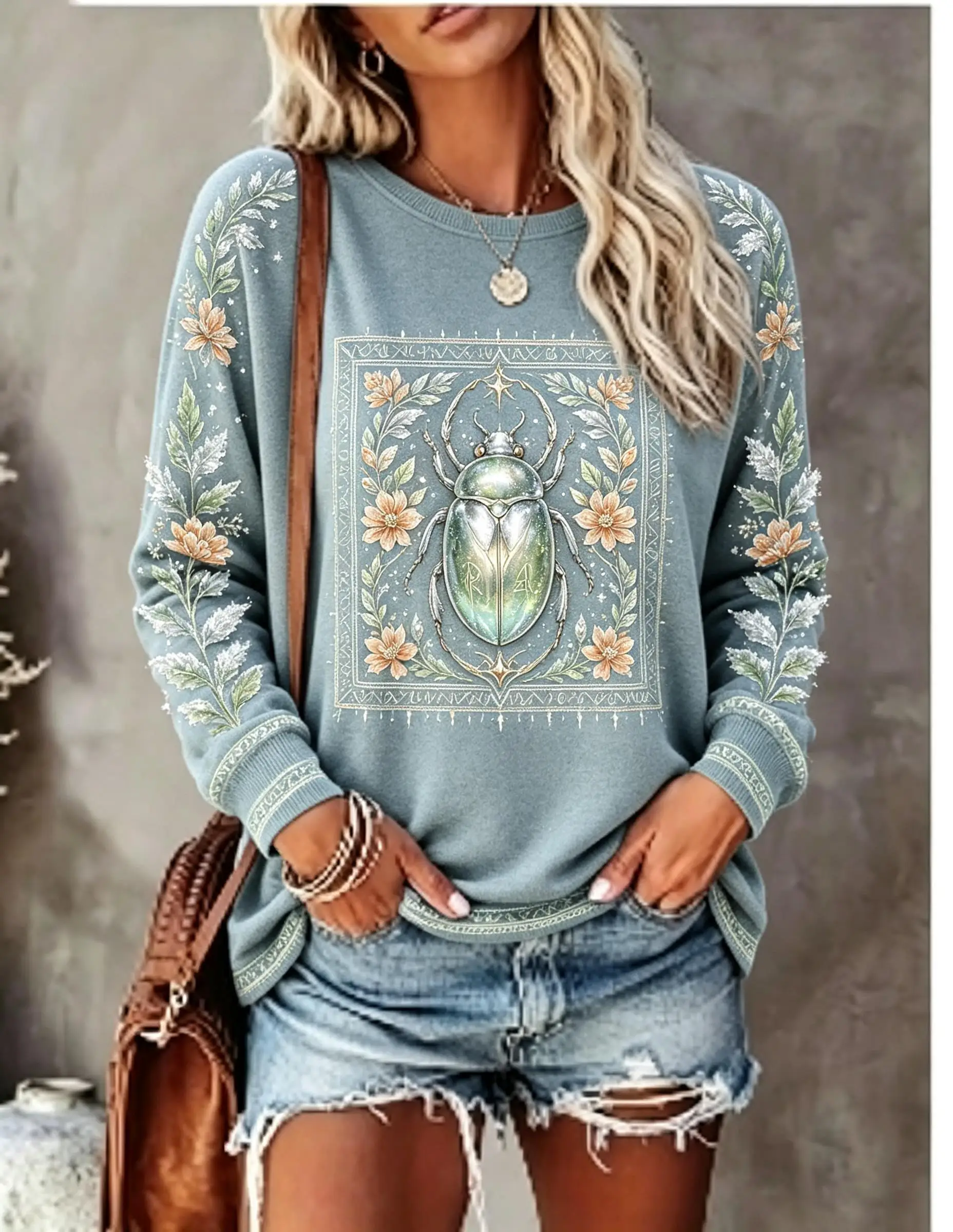 Women Crew Neck Long Sleeve T‑Shirt, Vintage Scarab Beetle Tropical Floral Print Casual Loose Pullover Tops