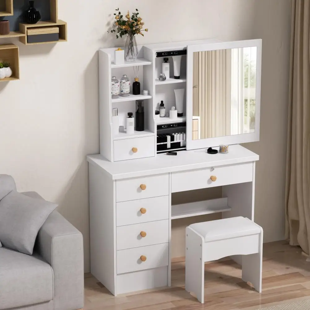 Vanity Desk with Sliding Mirror, Bedroom Dressing Table, Makeup Desk with 6 Drawers, Open Shelves, Hidden Storage Space image 2