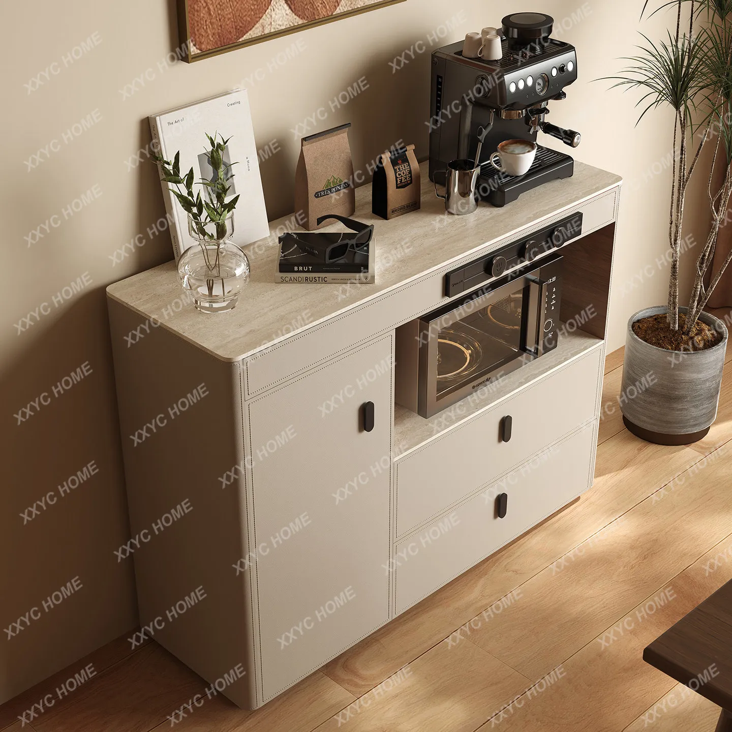 Multifunctional side cabinet Saddle leather side cabinet Integrated travertine island kitchen locker