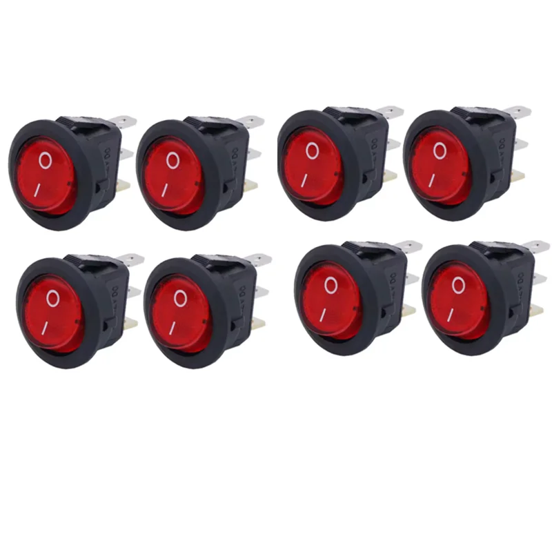 8pcs KCD1 On/Off 3-Pin 2-Position Snap 20A 12V Red LED Round Boat Rocker Switch with LED For Househeld DIY Replacement