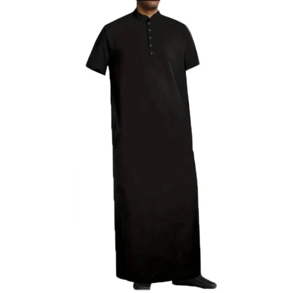 Arab Style Thobe for Men - Long Length Button Down Robe with Mandarin Collar, Simple Islamic Prayer Dress & Casual Loungewear