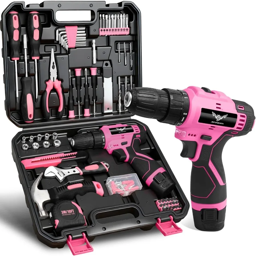 

Pink 12V Cordless Drill Kit 151-Piece Home Tool Set with Hand Drill Ideal for Homeowners and DIY Enthusiasts Compact and Portab