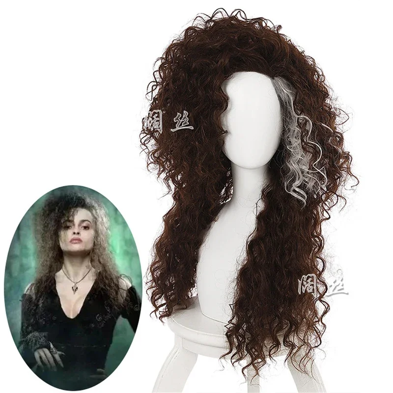 Lestrange-peluca ondulada de personaje de película Bellatrix, Marrón largo mezclado, pelucas Bella, resistente al calor, disfraz de Cosplay, gorro de peluca