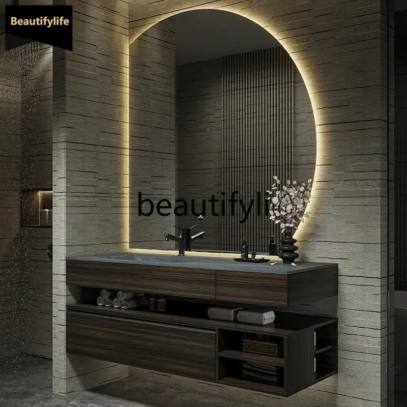 

New bathroom cabinet combination bathroom washstand rock slab hot bending integrated basin washbasin D80