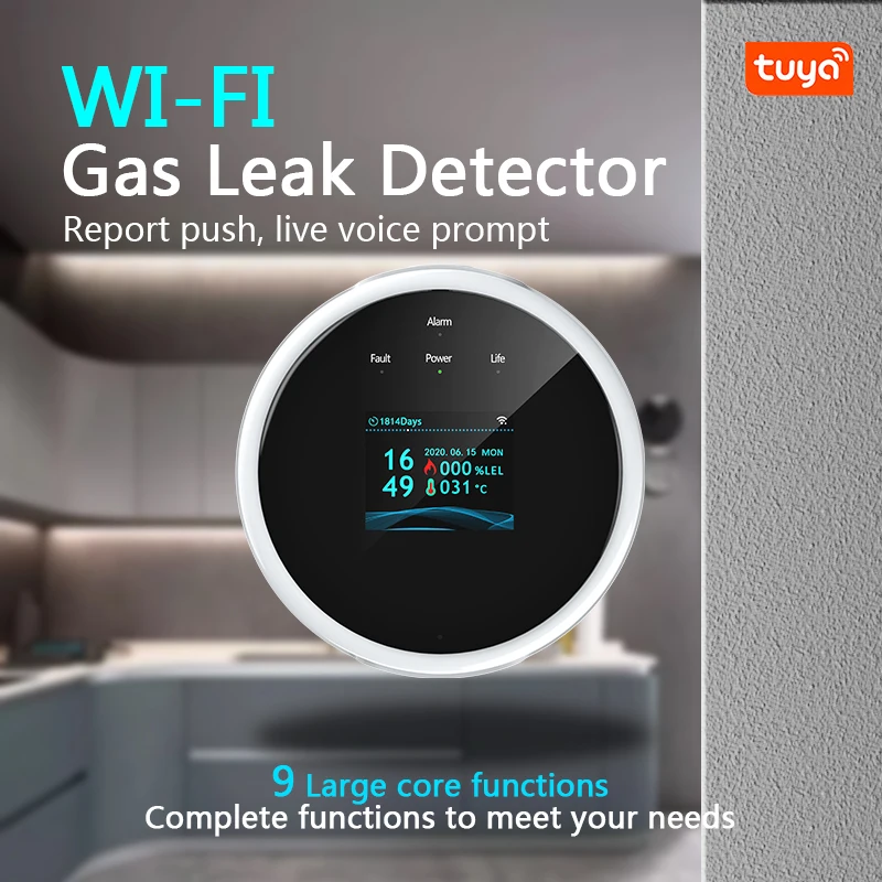 Kitchen Gas Detector Alarm WiFi Connection Tuya App Control Alarm Message Push Live Buzzer Siren Color Screen Safety Gas Sensor