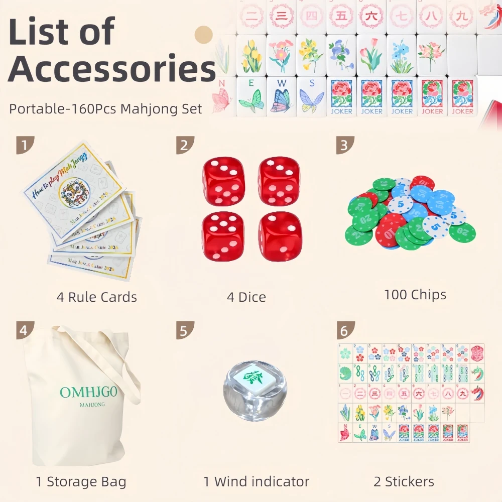 New 160pcs American Mahjong Set Acrylic Engraved Tiles Hand Shuffling Mah Jongg Travel Sets for Family Board Games Social Club