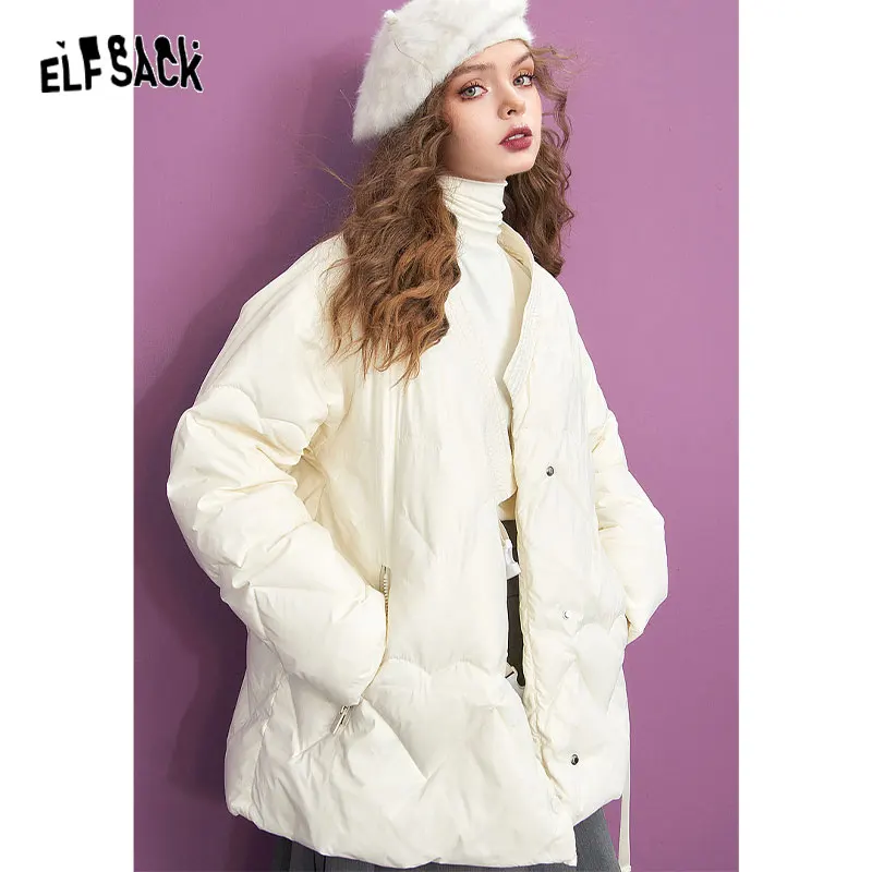 ELFSACK 여성용 블랙 다운 코트, 중국 스타일 루즈 디자인 재킷, 2023 겨울 신상