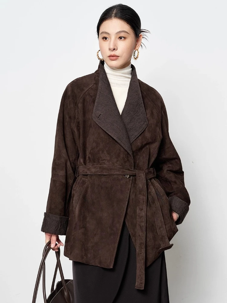 

Classic V-neck Genuine Leather Suede Jackets for Women Autumn Winter High-end Simple Casual Real Goatskin Leather Coat with Belt