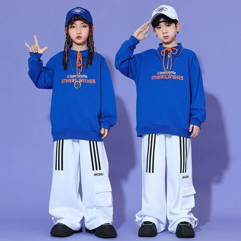 Kids Hip Hop Dance Performance Set Girls Stage Performance Fashion Blue Top Boys Dance Costumes