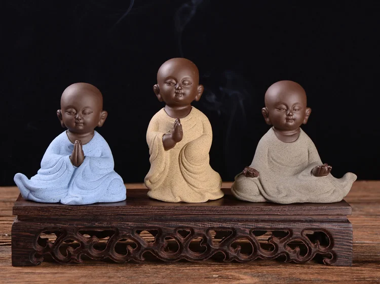 3PCS # Marvellous Spiritual ART # OFFICE home Buddhism Buddha CHAN DAO Little Monk sand-fired kiln porcelain pottery ceramic ART