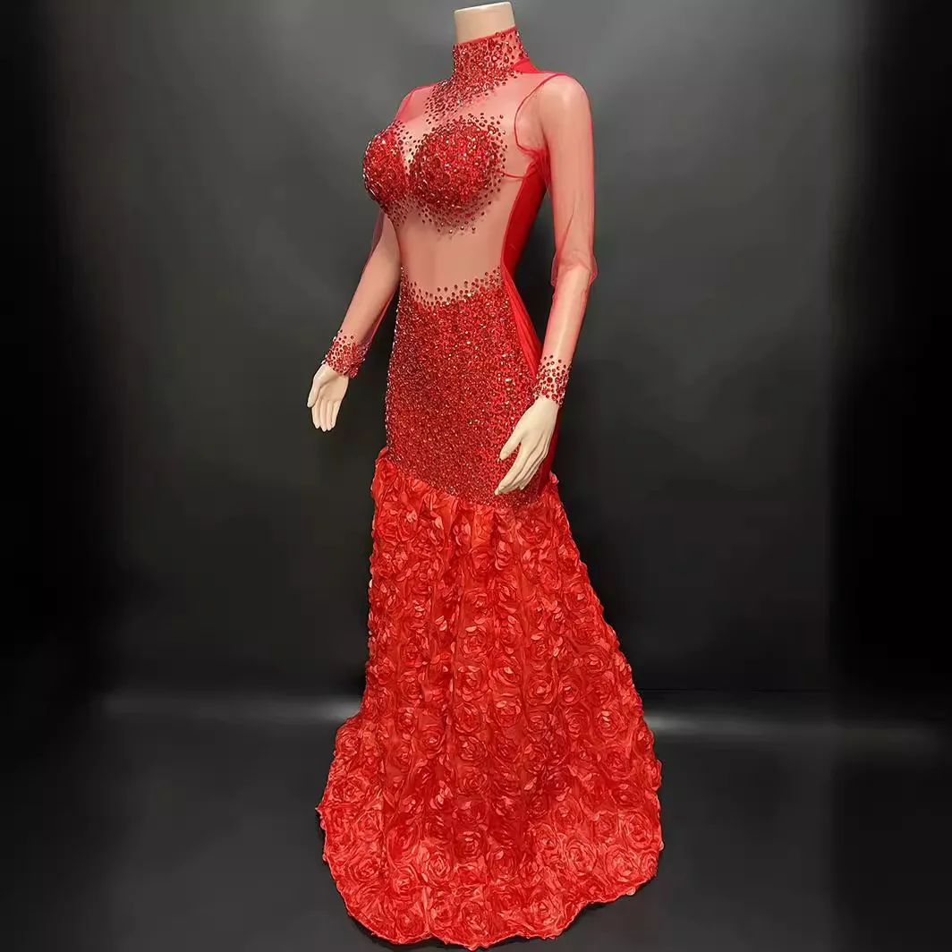 Evening Dress Temperament High-end Light Luxury Pendant Rose Skirt Chest Full Diamond Mesh Yarn Hollow Slim-fitting Sexy Dress