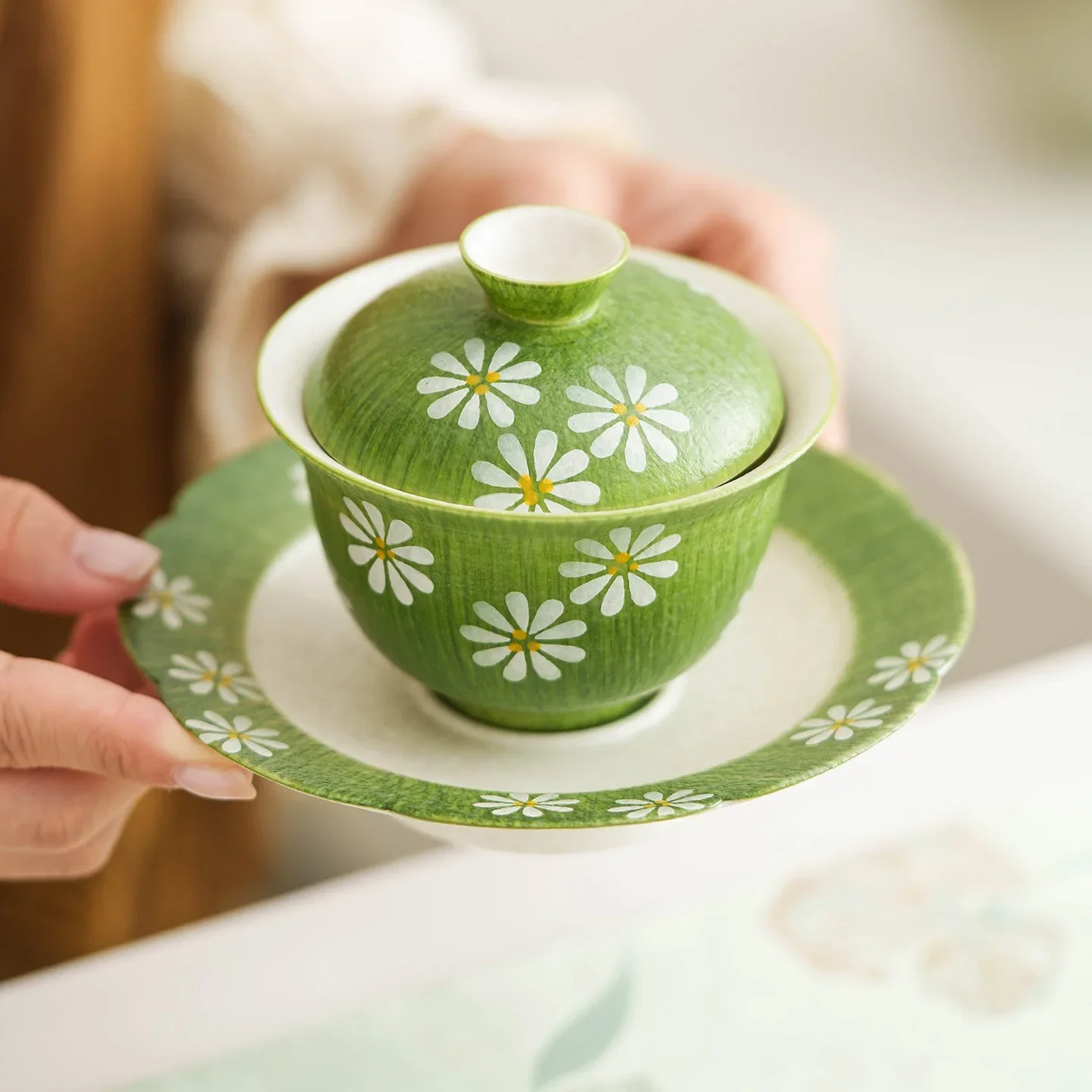 110ML Rock Mine White Lanyu Daisy Cover Bowl Ceramic Tea Bowl Teacup Exquisite Kung Fu Tea Set with Cover Not Hot Master Cup